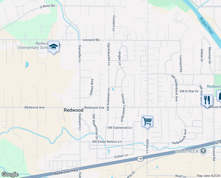 map of restaurants, bars, coffee shops, grocery stores, and more near 1386 Southwest Kokanee Lane in Grants Pass