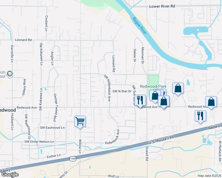 map of restaurants, bars, coffee shops, grocery stores, and more near 1202 Southwest Sun Glo Drive in Grants Pass