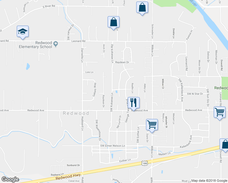 map of restaurants, bars, coffee shops, grocery stores, and more near 1386 Southwest Kokanee Lane in Grants Pass