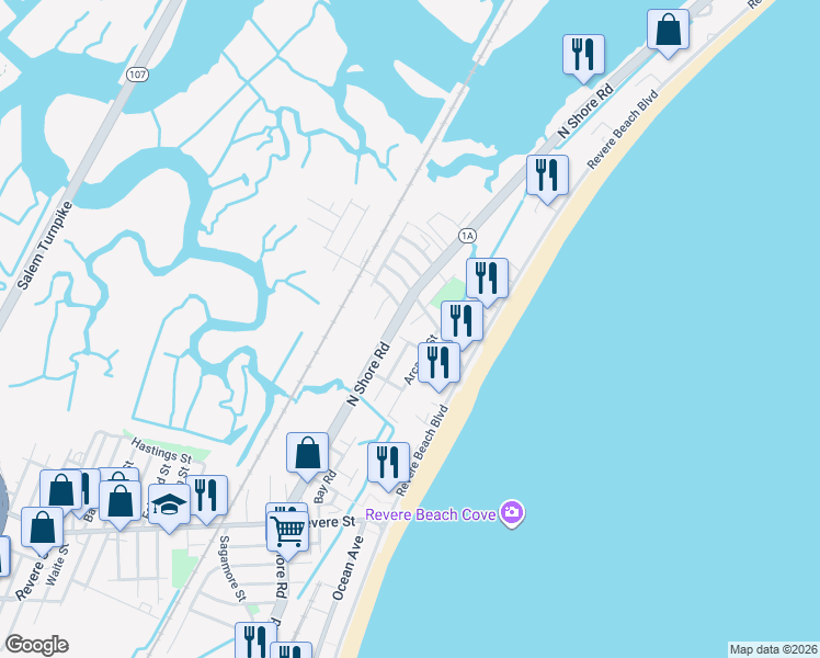 map of restaurants, bars, coffee shops, grocery stores, and more near in Revere