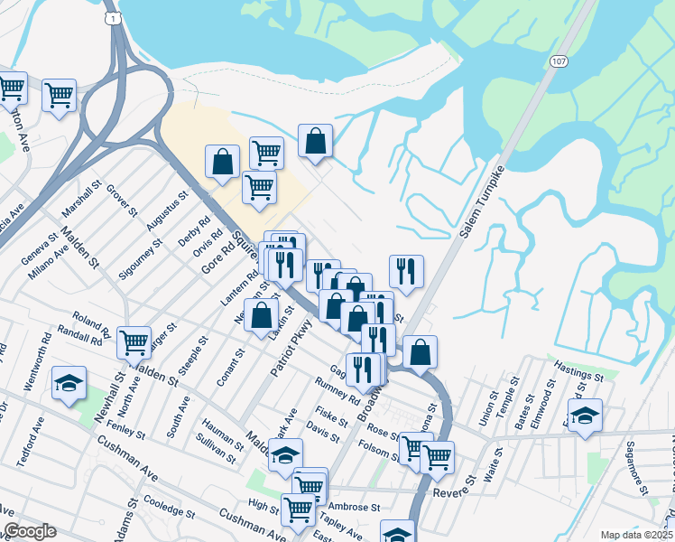 map of restaurants, bars, coffee shops, grocery stores, and more near 140 Ward Street in Revere