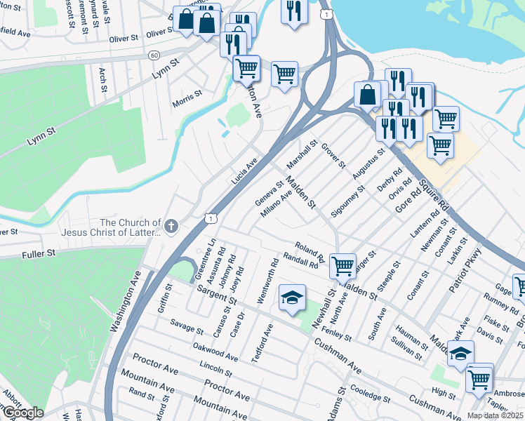 map of restaurants, bars, coffee shops, grocery stores, and more near 60 Geneva Street in Revere