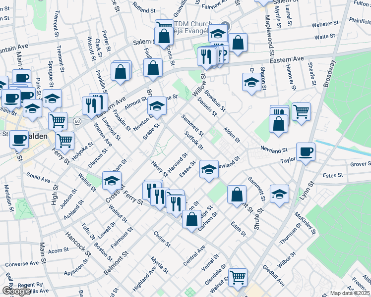 map of restaurants, bars, coffee shops, grocery stores, and more near 351 Bryant Street in Malden