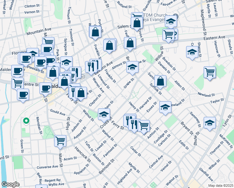 map of restaurants, bars, coffee shops, grocery stores, and more near 78 Linwood Street in Malden
