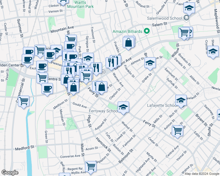 map of restaurants, bars, coffee shops, grocery stores, and more near 41 Stearns Street in Malden