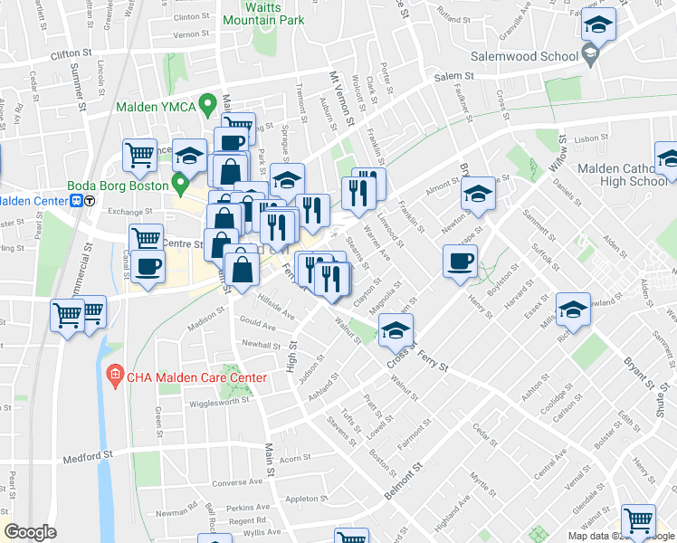 map of restaurants, bars, coffee shops, grocery stores, and more near 21 Wyeth Street in Malden