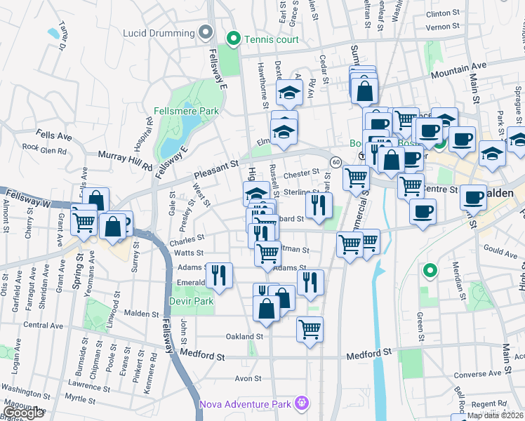map of restaurants, bars, coffee shops, grocery stores, and more near 341 Highland Avenue in Malden