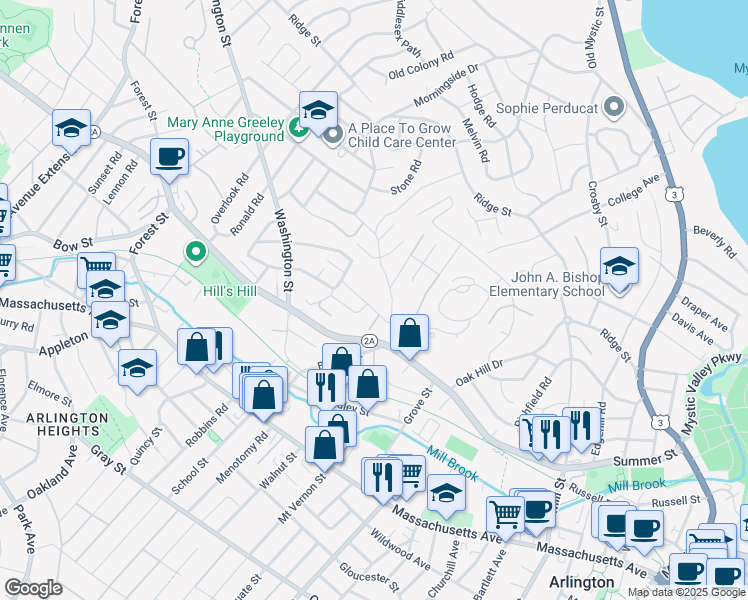 map of restaurants, bars, coffee shops, grocery stores, and more near 37 Pine Street in Arlington