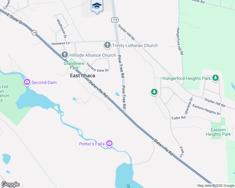 map of restaurants, bars, coffee shops, grocery stores, and more near 116 Pine Tree Road in Ithaca