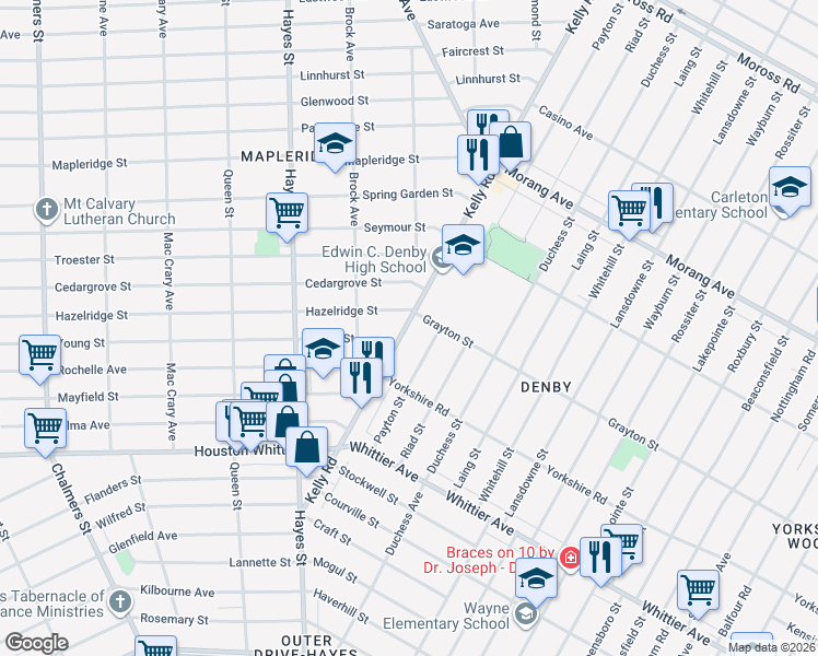 map of restaurants, bars, coffee shops, grocery stores, and more near 12764 Kelly Road in Detroit