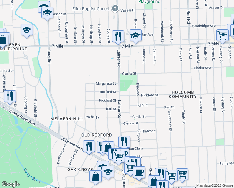 map of restaurants, bars, coffee shops, grocery stores, and more near 22035 Roxford Street in Detroit