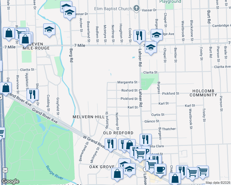 map of restaurants, bars, coffee shops, grocery stores, and more near 22322 Roxford Street in Detroit