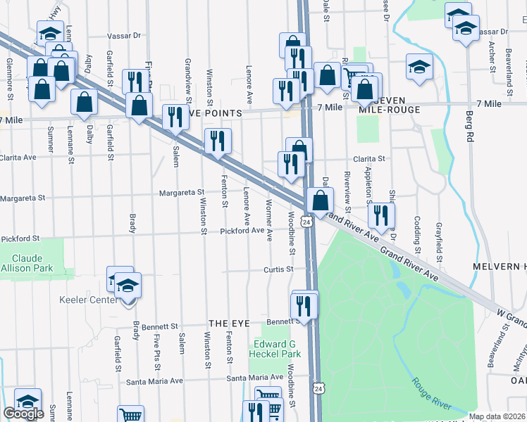 map of restaurants, bars, coffee shops, grocery stores, and more near 18454 Wormer in Detroit