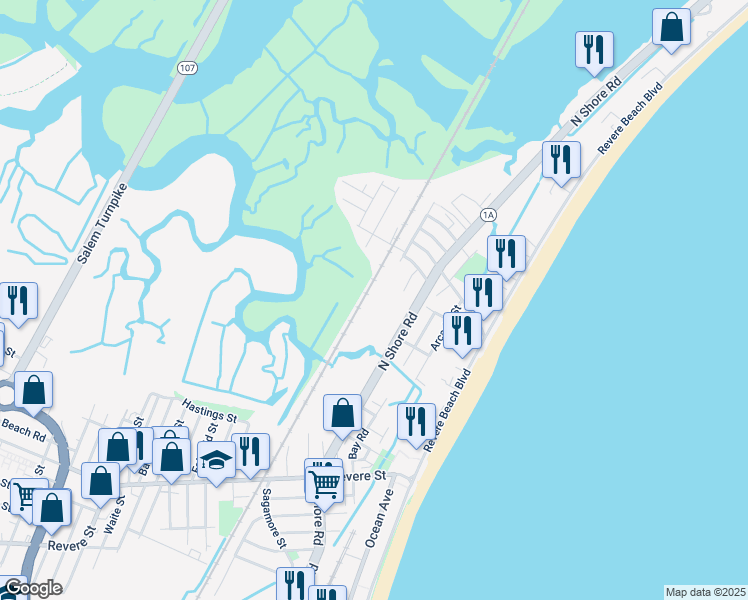 map of restaurants, bars, coffee shops, grocery stores, and more near 2FT Intervale St in Revere