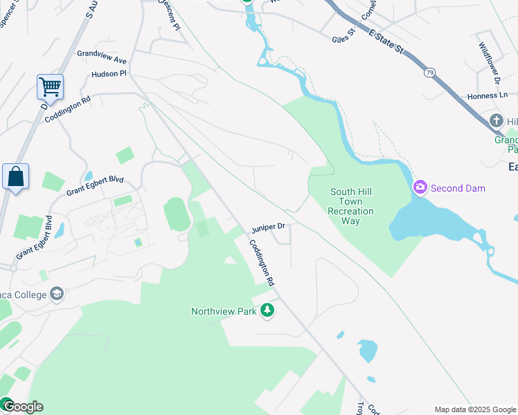 map of restaurants, bars, coffee shops, grocery stores, and more near S Hill Recreation Way in Ithaca