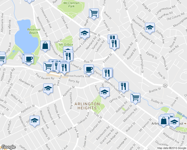 map of restaurants, bars, coffee shops, grocery stores, and more near 11-13 Lowell Street in Arlington