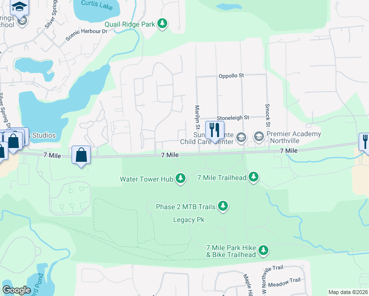 map of restaurants, bars, coffee shops, grocery stores, and more near 19204 Northridge Drive in Northville