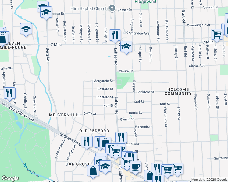 map of restaurants, bars, coffee shops, grocery stores, and more near 22035 Roxford Street in Detroit