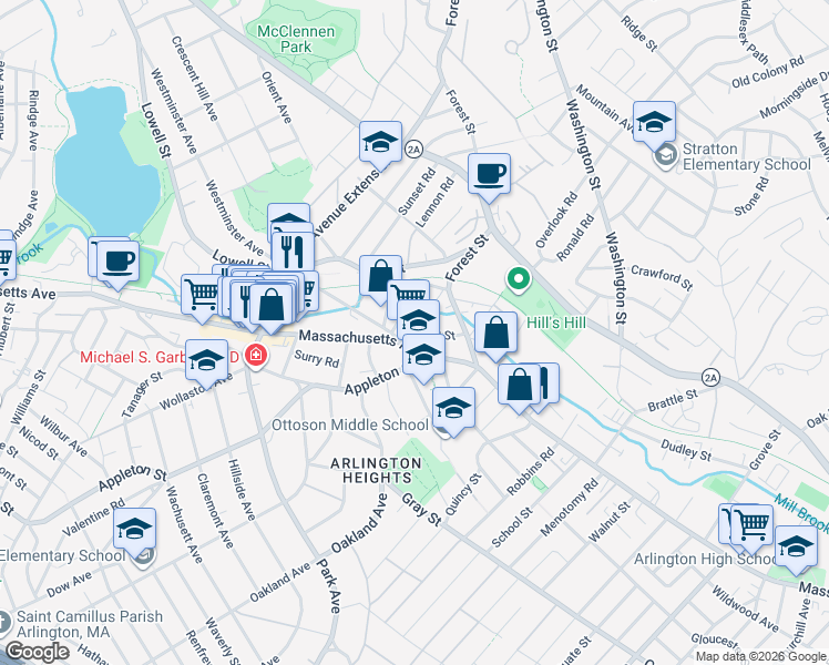 map of restaurants, bars, coffee shops, grocery stores, and more near 27 Peirce Street in Arlington