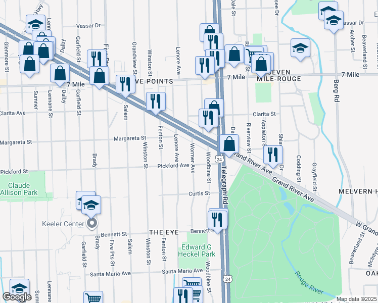 map of restaurants, bars, coffee shops, grocery stores, and more near 18454 Wormer in Detroit