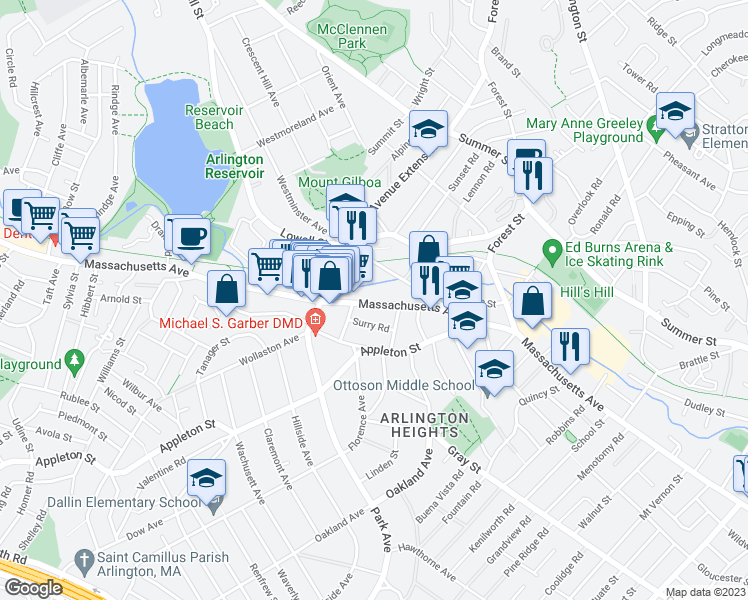 map of restaurants, bars, coffee shops, grocery stores, and more near 1279 Massachusetts Avenue in Arlington