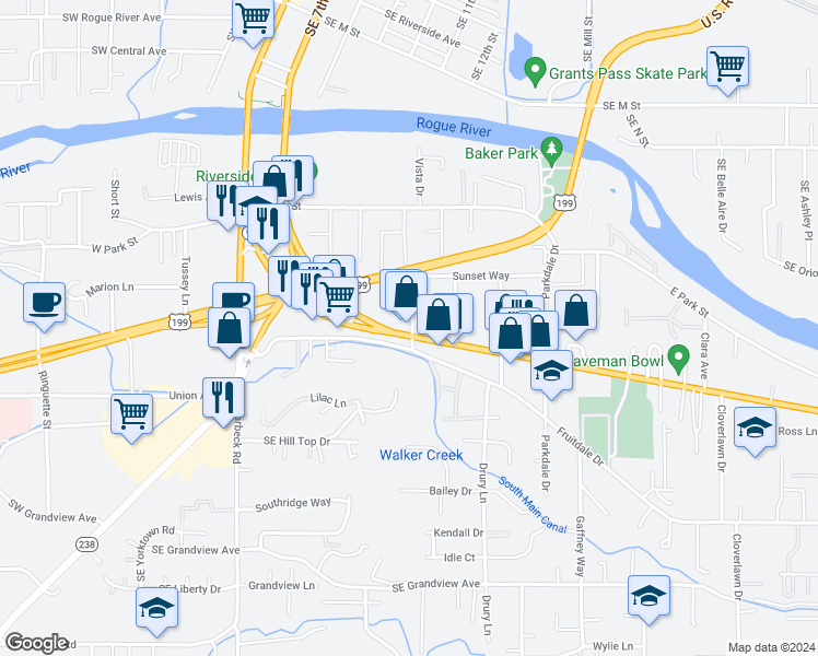 map of restaurants, bars, coffee shops, grocery stores, and more near 692 Rogue River Highway in Grants Pass