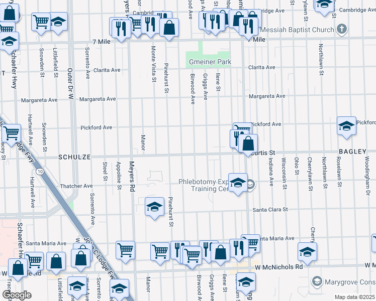 map of restaurants, bars, coffee shops, grocery stores, and more near 18226 Mendota Street in Detroit