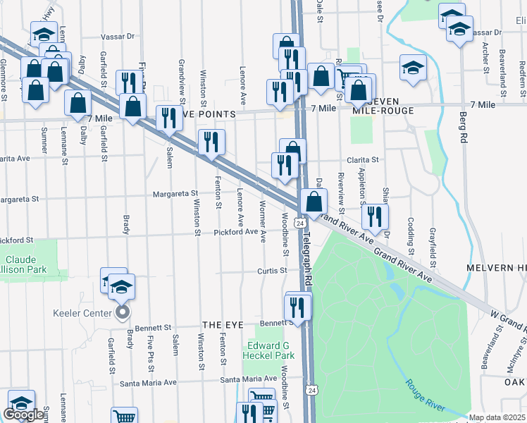 map of restaurants, bars, coffee shops, grocery stores, and more near 18454 Wormer in Detroit