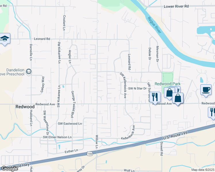 map of restaurants, bars, coffee shops, grocery stores, and more near 2398 Willow Court in Grants Pass