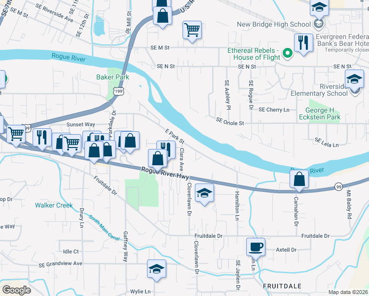 map of restaurants, bars, coffee shops, grocery stores, and more near 1201 East Park Street in Grants Pass