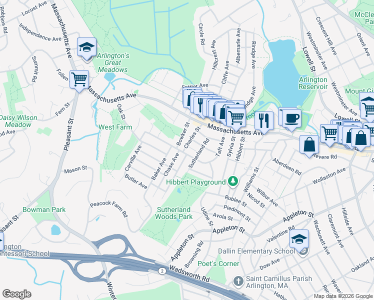 map of restaurants, bars, coffee shops, grocery stores, and more near 36 Charles Street in Lexington