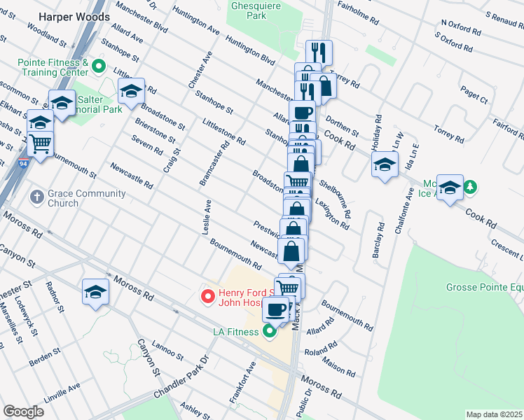 map of restaurants, bars, coffee shops, grocery stores, and more near 1707 Severn Road in Grosse Pointe Woods