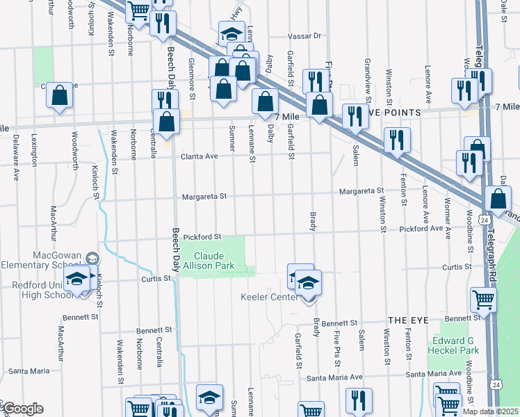 map of restaurants, bars, coffee shops, grocery stores, and more near 18478 Lennane in Redford Charter Township