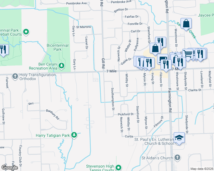 map of restaurants, bars, coffee shops, grocery stores, and more near 18833 Southampton Street in Livonia
