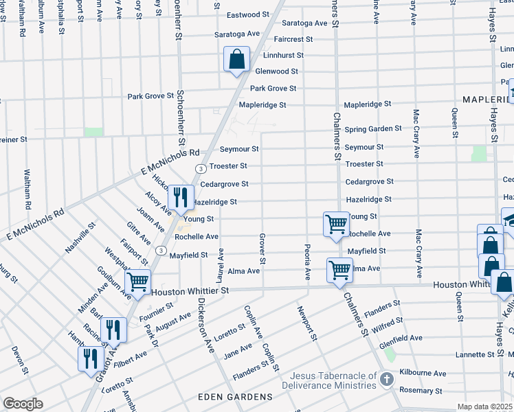 map of restaurants, bars, coffee shops, grocery stores, and more near 14028 Hazelridge Street in Detroit