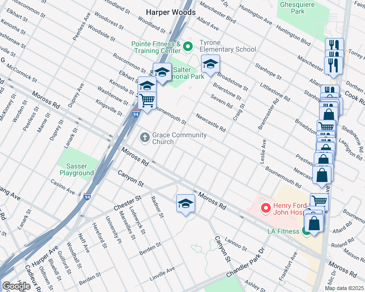 map of restaurants, bars, coffee shops, grocery stores, and more near 21535 Kingsville St in Harper Woods