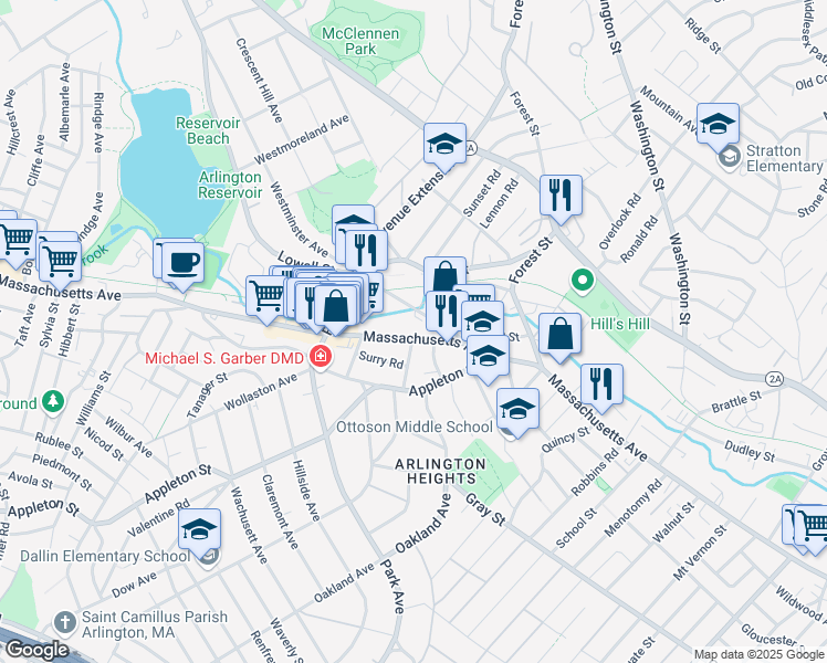 map of restaurants, bars, coffee shops, grocery stores, and more near 1263 Massachusetts Avenue in Arlington