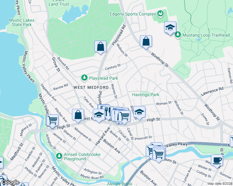 map of restaurants, bars, coffee shops, grocery stores, and more near 80 Warren Street in Medford