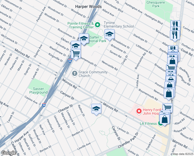 map of restaurants, bars, coffee shops, grocery stores, and more near 21217 Kingsville Street in Harper Woods