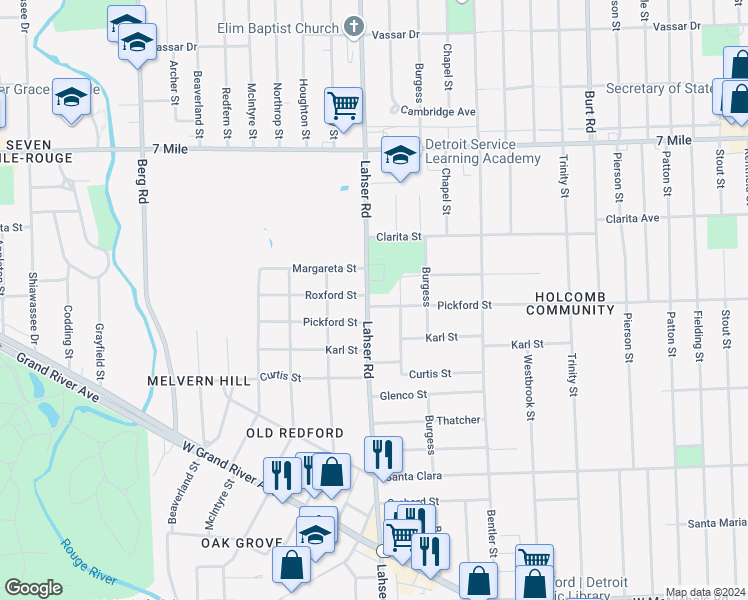 map of restaurants, bars, coffee shops, grocery stores, and more near 18450 Lahser Road in Detroit