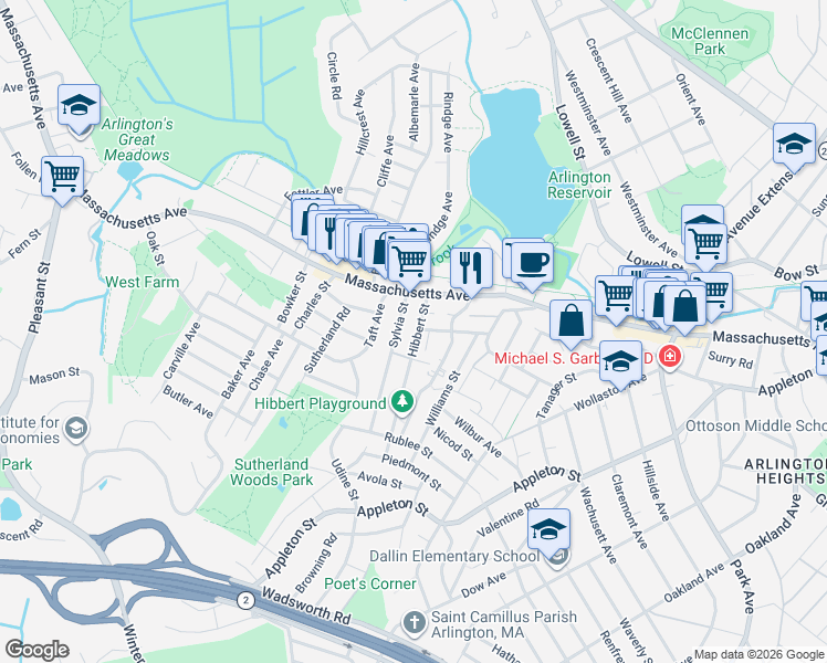 map of restaurants, bars, coffee shops, grocery stores, and more near 37 Hibbert Street in Arlington