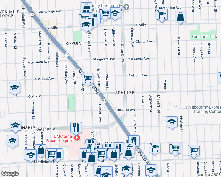 map of restaurants, bars, coffee shops, grocery stores, and more near 18237 Snowden Street in Detroit
