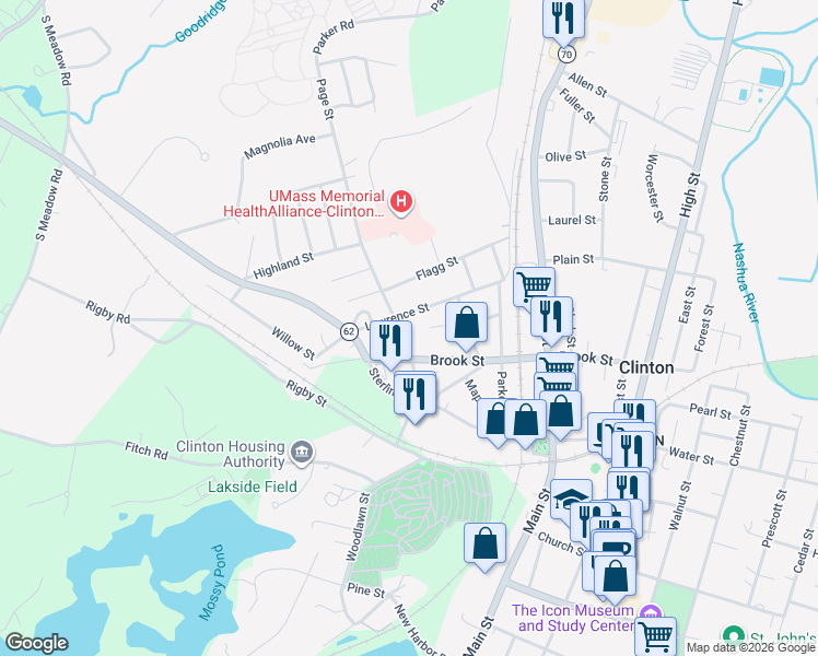map of restaurants, bars, coffee shops, grocery stores, and more near 75 Greeley Street in Clinton