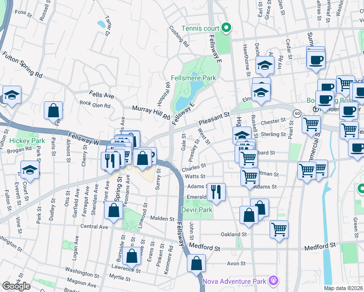 map of restaurants, bars, coffee shops, grocery stores, and more near 41 Fellsway East in Malden