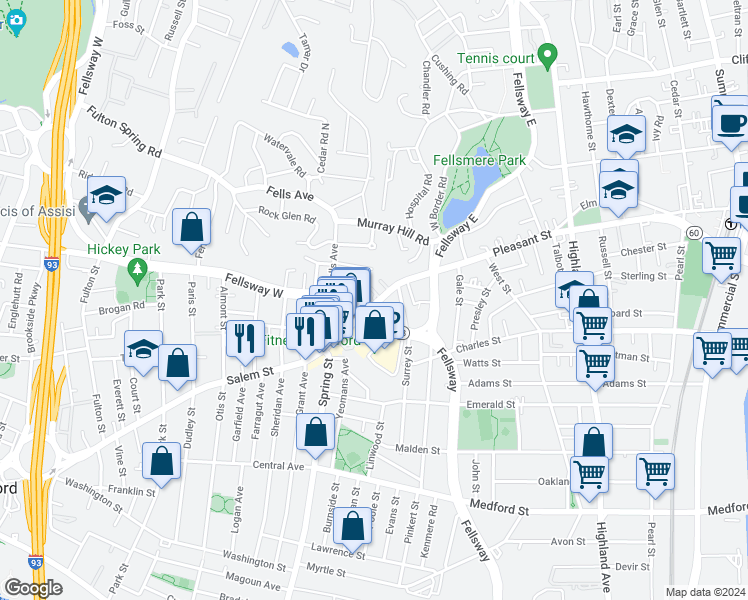 map of restaurants, bars, coffee shops, grocery stores, and more near 500 Salem Street in Medford