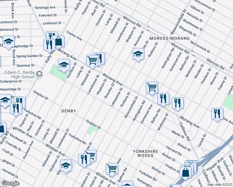 map of restaurants, bars, coffee shops, grocery stores, and more near 11497 Lakepointe Street in Detroit