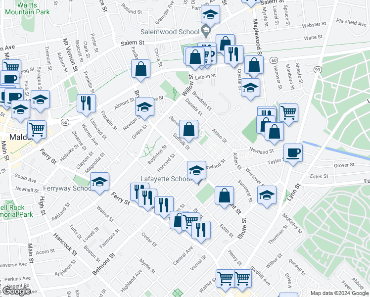 map of restaurants, bars, coffee shops, grocery stores, and more near 69 Suffolk Street in Malden