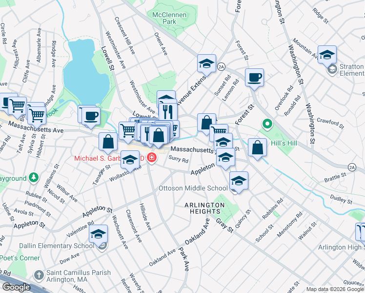map of restaurants, bars, coffee shops, grocery stores, and more near 1287 Massachusetts Avenue in Arlington