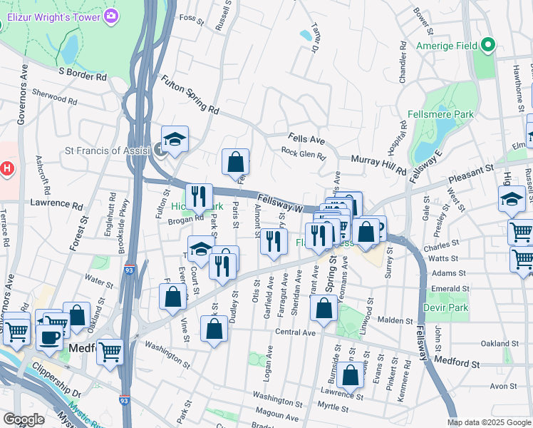 map of restaurants, bars, coffee shops, grocery stores, and more near 1 Almont Court in Medford