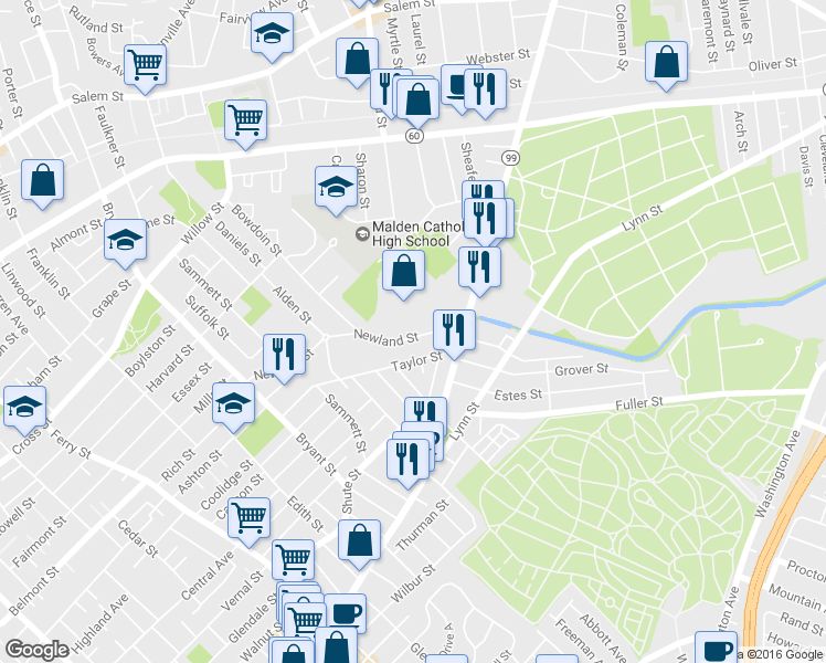 map of restaurants, bars, coffee shops, grocery stores, and more near 73 Newland Street in Malden